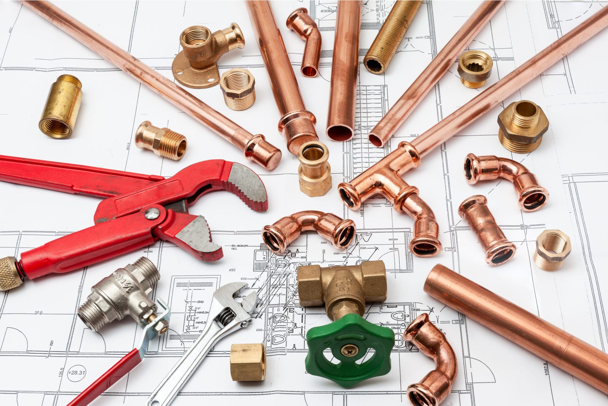 Copper pipes, fittings, valves, and plumbing tools in Firestone