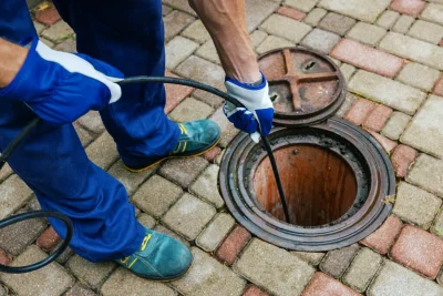 Plumber cleaning an outdoor sewer drain in Firestone