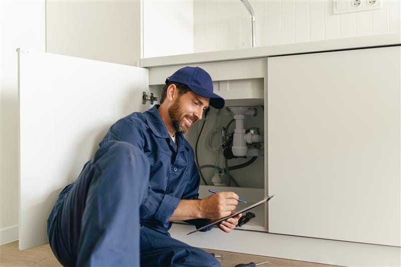 Residential plumber reviewing plumbing repairs in a Firestone kitchen