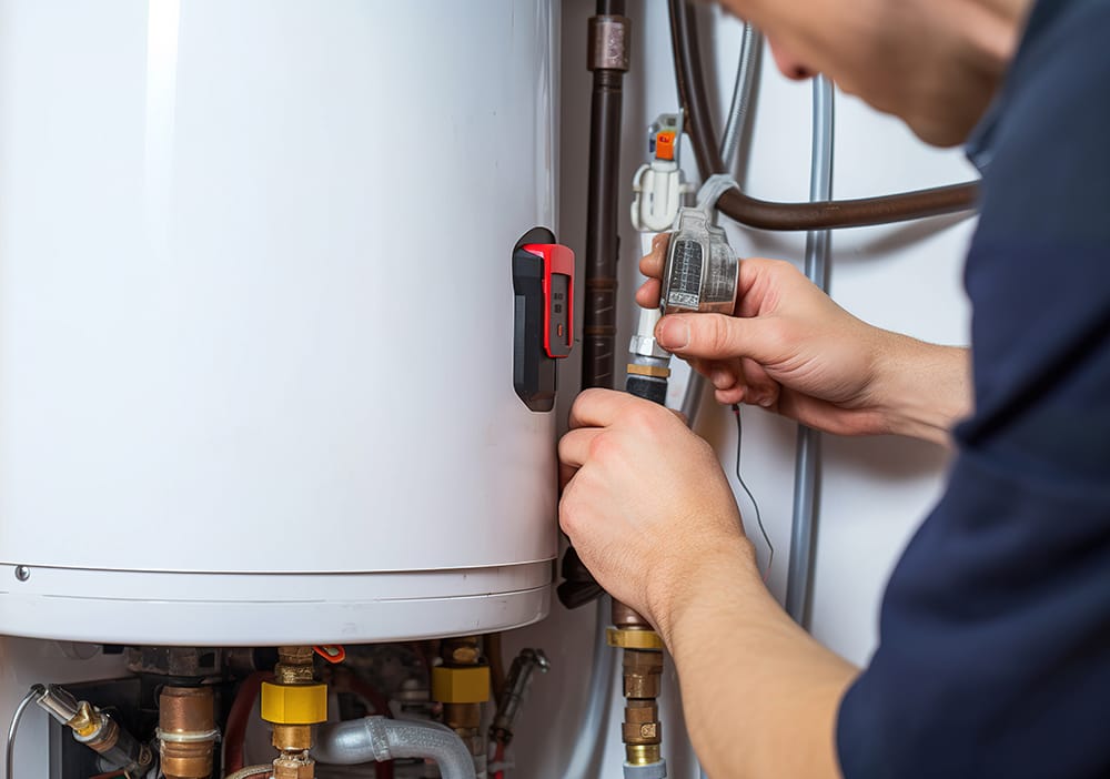 Technician repairing pipes connected to a water heater in Firestone